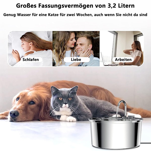 Kattfontän i rostfritt stål som uppmuntrar till att dricka vatten, husdjursvattendispenser med ultratyst vattenpump, kontinuerligt flödande vatten för katter och smådjur