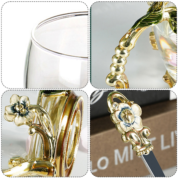 Personlig Presentidé Elegant Blomstertekopp, Hälsosamt Blyfritt Glas med Matchande Sked, Lämplig för Varma Kalla Drycker, 33 cl