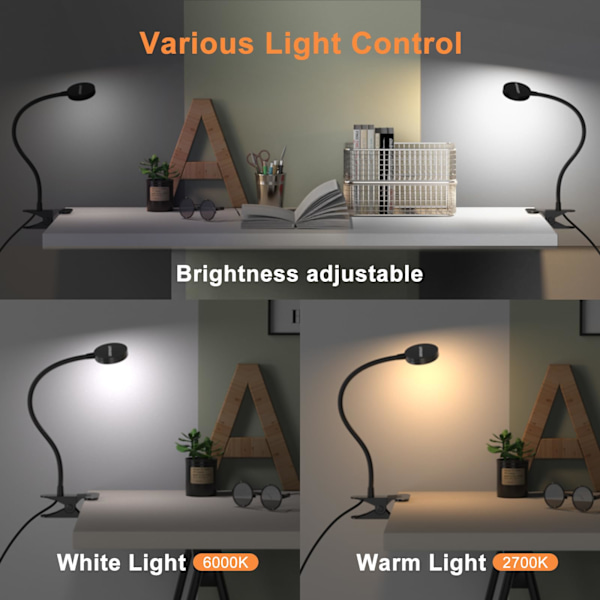 Skrivbordslampa med automatisk avstängningstimer, flexibel svanhals, ögonvård och 3 färglägen, justerbar ljusstyrka för läsning, minnesfunktion, USB-driven och robust