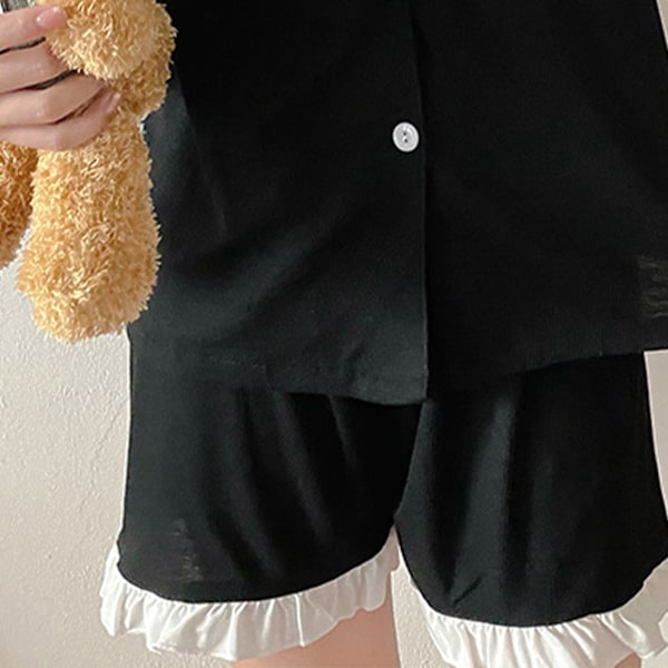 Dam Kortärmad Pyjamas Set Nedvikt Krage Volangdetaljer Tvådelad Topp Shorts Nattkläder Svart XL