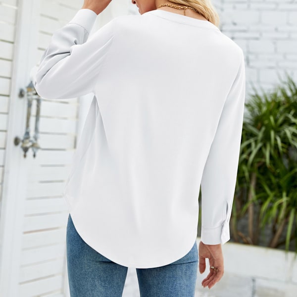Dam Långärmad Topp Enfärgad V-ringning Lös Passform Pullover Blus för Vardagsbruk Arbete Gata Vit XL