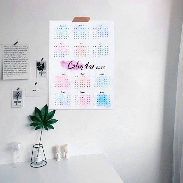 Färgglad väggkalender 2020, hängande kalenderduk för hem, bakgrundsstudie, dekoration 50x70cm
