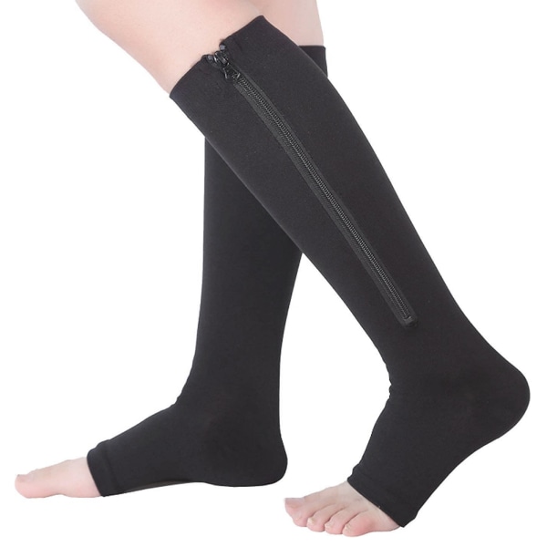 1 par dragkedja mid calf längd strumpa kompressionsstrumpor slim leggings stretch strumpor öppna tår (svart s M)