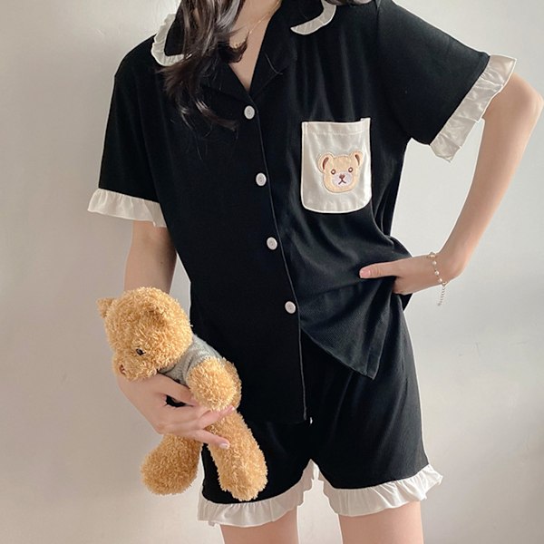 Dam Kortärmad Pyjamas Set Nedvikt Krage Volangdetaljer Tvådelad Topp Shorts Nattkläder Svart M