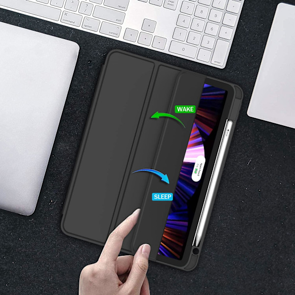 Fodral för iPad Pro 11 tum med inbyggd pennhållare, Slim Trifold Smart Cover, mjukt PU-läder, TPU-baksida, stöd för 2:a generationens penna laddning, Auto