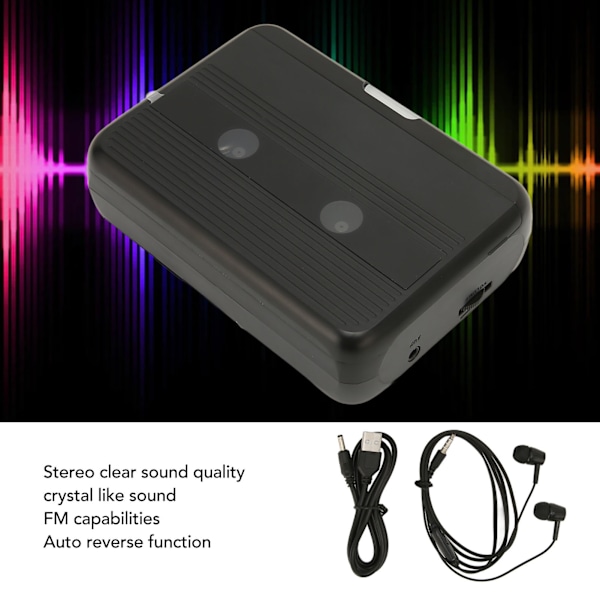 Bluetooth Kassettspiller Stereo Retro Auto Reverse Bærbar Trådløs FM Kassettspiller med Hodetelefon for Reise Svart