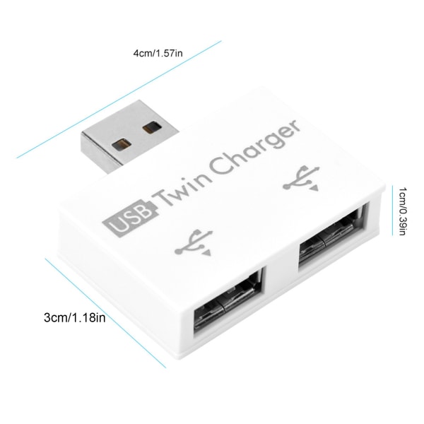 Hub USB2.0 hann til 2-porters USB Twin lader splitter adapter konverter konsentrator (hvit)