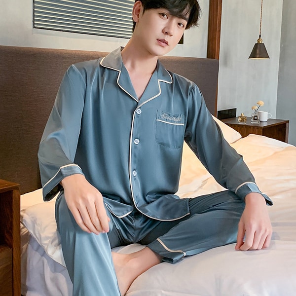Pyjamas set Långärmad avslappnad byxa tvådelad pyjamas set med spänne pyjamas set Peacock blue XL