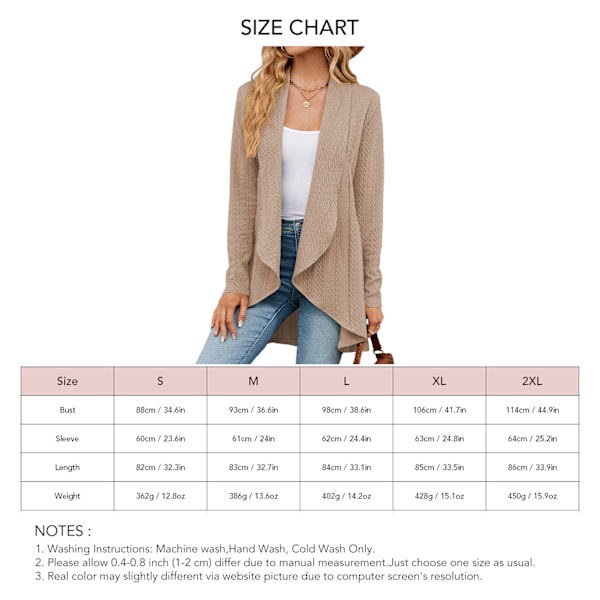 Öppen Fram Outwear Långärmad Lös Passform Enfärgad Casual Dam Stickad Kappa för Dagligt Arbete Resor Khaki XXL