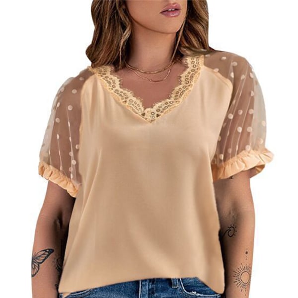 Mesh Dot Kortärmad Topp Dam Casual Elegant Stilren Enfärgad V-ringad Spetsskjorta Blus för Arbete Aprikos S