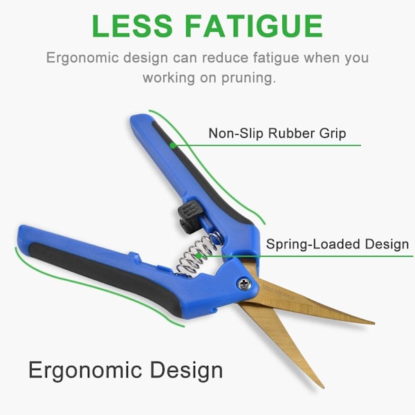 Beskärningssax med ergonomisk design, lättviktiga titanbelagda blad, böjda blad för precisionsklippning, superskarpa avsmalnande bladspetsar,