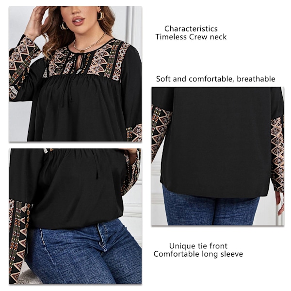 Dam Långärmad Plus Size Topp Plisserad Blommig Rund Hals Lös Passform Knyt Fram Casual Blus Svart XXXXL
