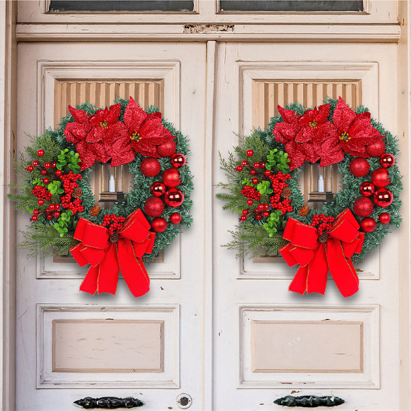 Julkrans för ytterdörrsdekoration, röda bär Julstjärneblommor Rosett Julgranskula med ljus