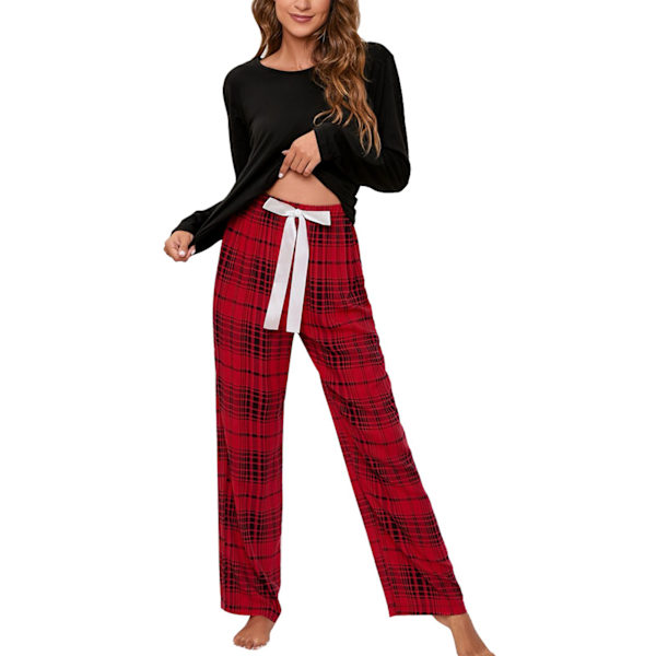 Dam Långärmad Pyjamas Set Dragsko Stängning Rutiga Byxor Tröja Topp Andningsbar 2-delad Loungewear Set Svart XL