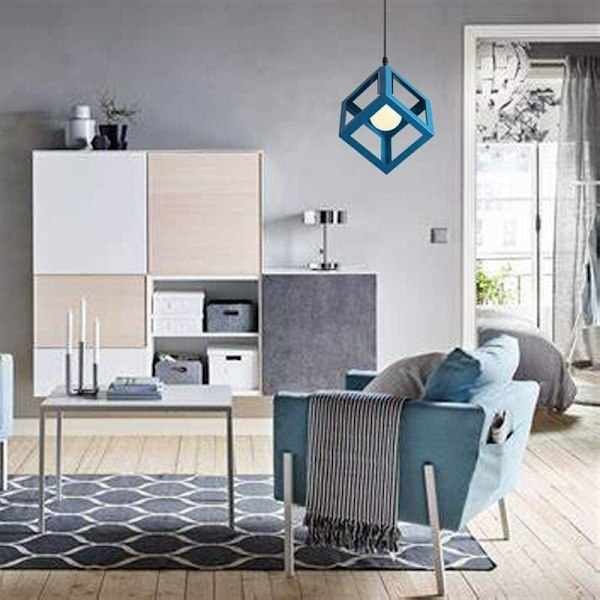 Mångsidig fyrkantig pendellampa, blå lampskärm med justerbar kabel för modern enkelhet i sovrum, kök och vardagsrum