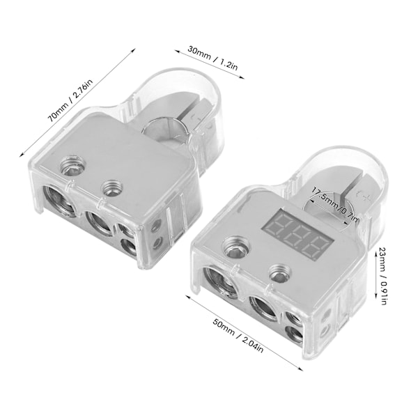 2 stk. Batteriterminal-kontakter med voltmeter, sanntidsmonitorering, 0/4/8 AWG-måler, gjennomsiktig deksel