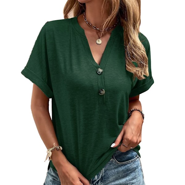 Knapp Kortärmad Topp V-ringning Nedhasad Axel Lös Casual Mjuk Dam Knapp Sommar T-shirt Grön M