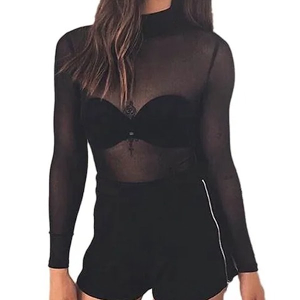 Dam Långärmad Mesh Topp Elegant Andningsbar Elastisk Slim Fit Genomskinlig Underdel Skjorta Blus