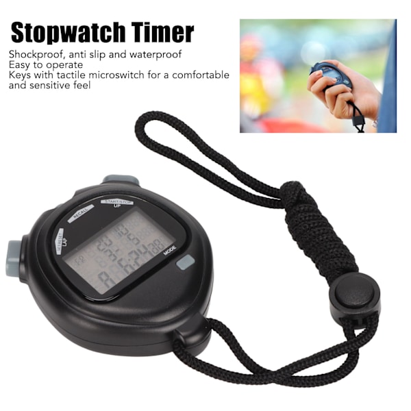Digitalt stopur - Timer - Multifunktion - 3-linjers display - 100 omgange hukommelse - Nedtælling - 12/24 timers system - Sports stopur