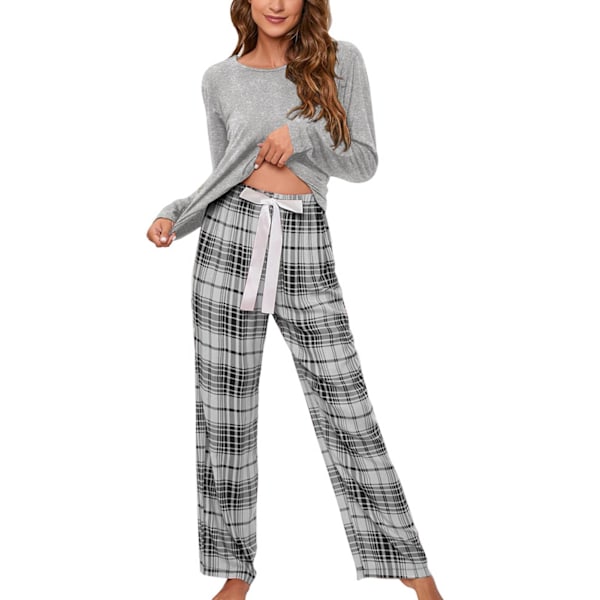Dam Långärmad Pyjamas Set Dragsko Stängning Rutiga Byxor Tröja Topp Andningsbar 2-delad Loungewear Set Grå L