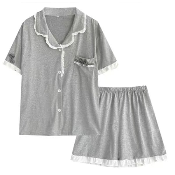 Dam Pyjamasset Kortärmad Sovkläder Knäppning Tvådelat Nattlinne för Vår Sommar Grå XL