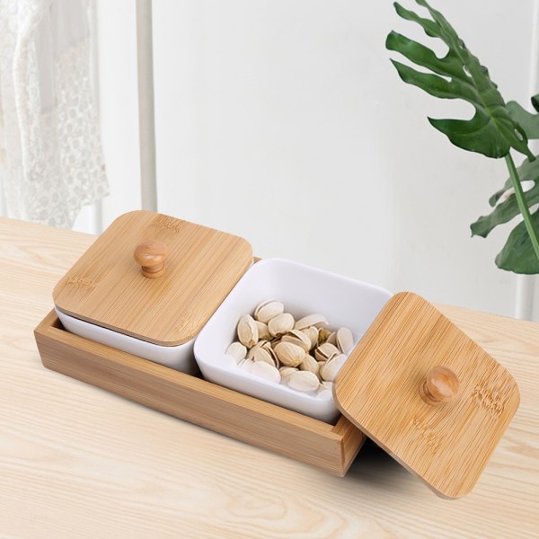 Keramisk serveringsfat for snacks med bambusbrettlokk for frukt, nøtter og desserter (2 rom)