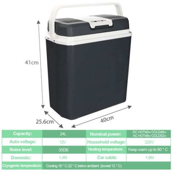 Elektrisk køler 24 liter termoelektrisk A++ 12V 230V holder koldt & varmt Bil og Camping sort