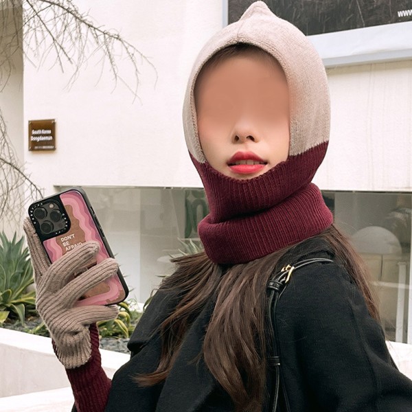 Stickad ull Dam Beanie Hat, Vintermössa Halsduk Mask Set, Dam