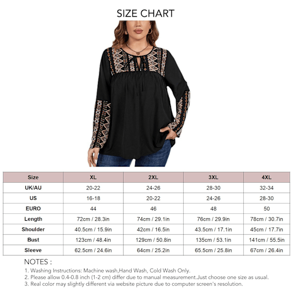 Dam Långärmad Plus Size Topp Plisserad Blommig Rund Hals Lös Passform Knyt Fram Casual Blus Svart XXXXL