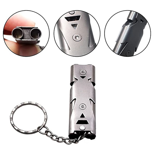 Överlevnadsvisselpipa för utomhusbruk, aluminiumlegering för lättviktsuthållighet, nödsignal med hög decibelvarning, silver, 2 funktionella delar