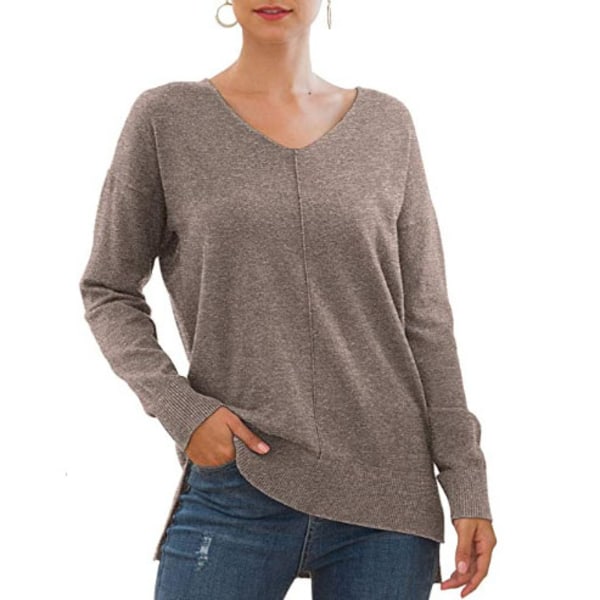 Stickad Tröja Långärmad V-ringad Enfärgad Sidosprund Pullover Casual Toppar för Kvinnor Brun S