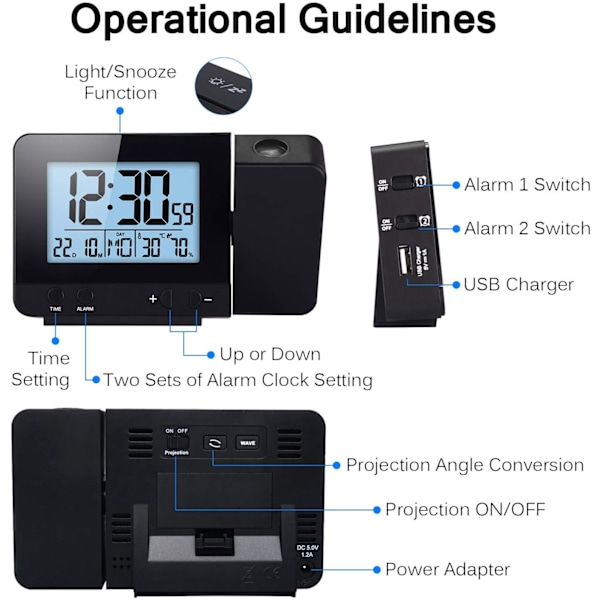 Projektionsväckarklocka, Digital LCD-skärm med Dubbla Alarm och Progressiv Volym, Perfekt för Barn, Lättinställd Dimmer, Helgläge