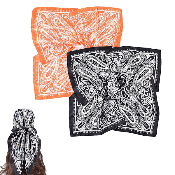 2-pack 35\" Satinliknande Hårscarf Bandana Lätta Huvudbonader Hals Ansikte Scarves Skydd för Kvinnor black + orange