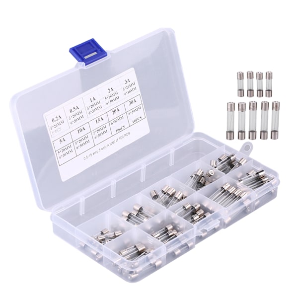 100 st 5*20mm 6*30mm sortiment bilglas säkring rör kit 0.2A 0.5A 1A 2A 3A 5A 10A 15A 20A 30A
