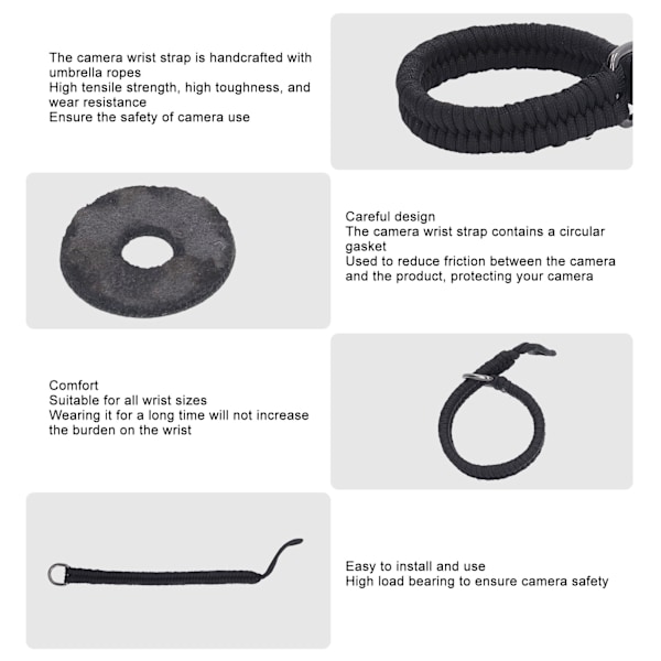 Kamerahåndleddsrem i nylon - Kamerahåndstropp for DSLR-speilløse kamerafotografer - Svart
