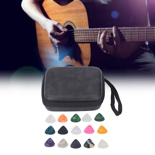 Guitar Pick Bag Set Celluloid Picks Opbevaringspose Holder Etui PU Læder til Instrument Tilbehør Sort