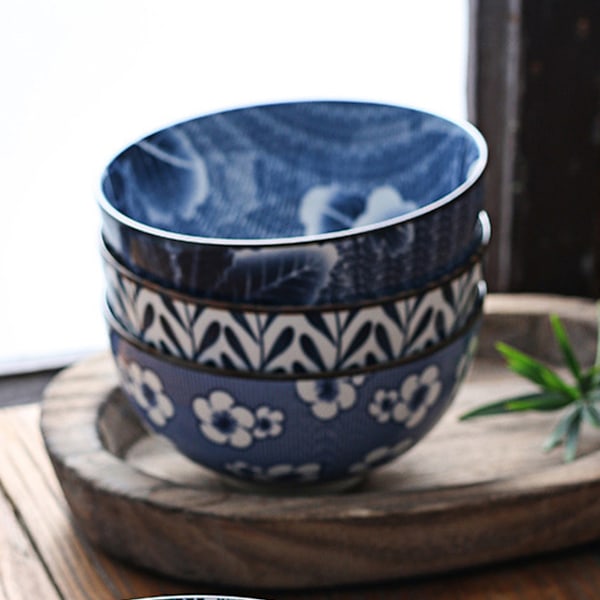 1 Set Keramiska Skålar, Japansk Stil Risskålar, Förtjockande Blå och vit porslinsskålar, Flingor Skålar för Kök, Lämplig för mikrovågsugn, ugnar, Style 2