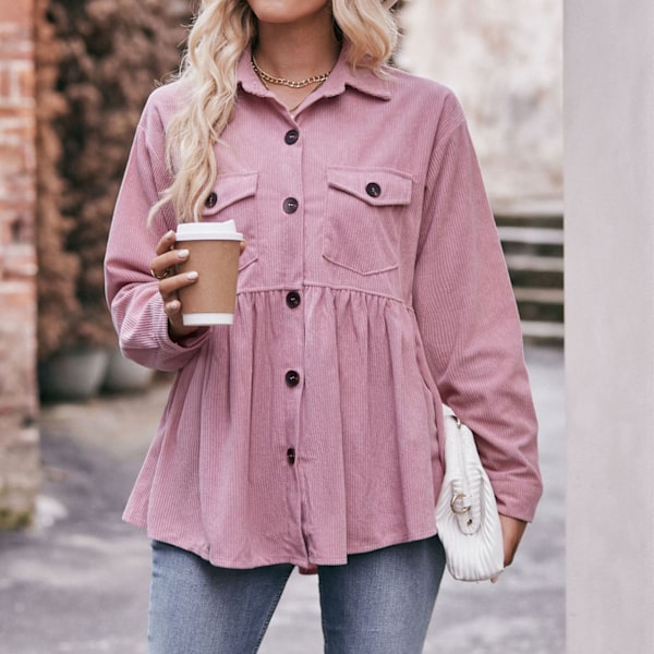 Dam Långärmad Topp Enkelknäppt Bröstfickor Nedfälld Krage Lös Fåll Ledig Blus Rosa XXL
