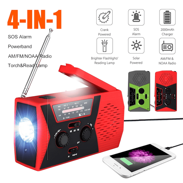 Solardriven väderradio, handvevad självdriven nöd-FM/AM-radio bordslampa LED-ficklampa med 2000 mAh uppladdningsbart batteri och karbinhake för hemmet
