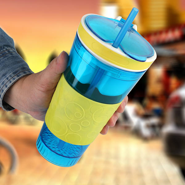 2-i-1 Snack og drikke reiseskål Barne reiseskål Drikkeholder, drikke snackskopp (gul+blå)