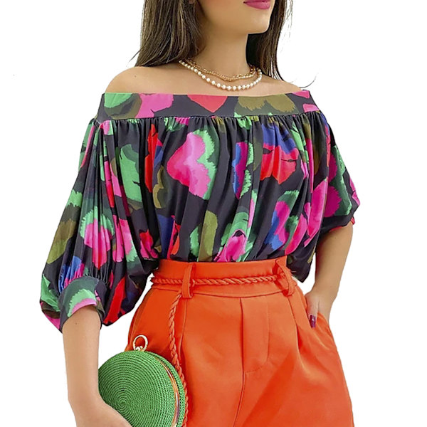 Fladdermusärm Topp Dam Off Shoulder Lös Rynkad Kort Flerfärgad Tryck för Sommar Svart M