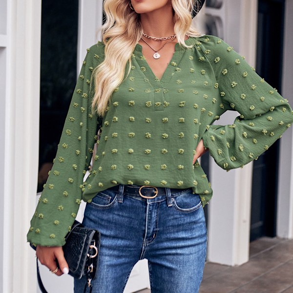 Dam V-ringad T-shirt Axelveck Långärmad Enfärgad Lös Jacquard Blus Grön L