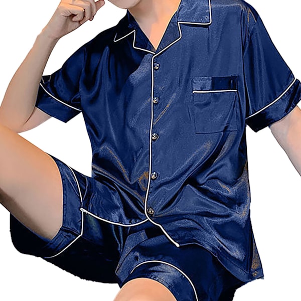 Herr Pyjamas Set Kortärmad Is Silke Skrynkelfri Andningsbar 2 Delar Topp Shorts Nattkläder för Hem Sovsal