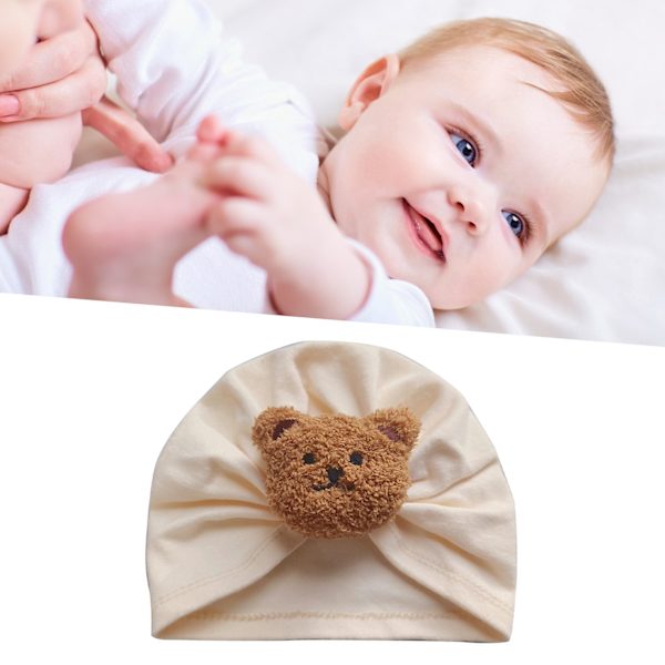 Mjuk och hudvänlig nyfödd mössa i bomull med söt björn, lätt och söt babyhatt för promenader på bakgården, beige