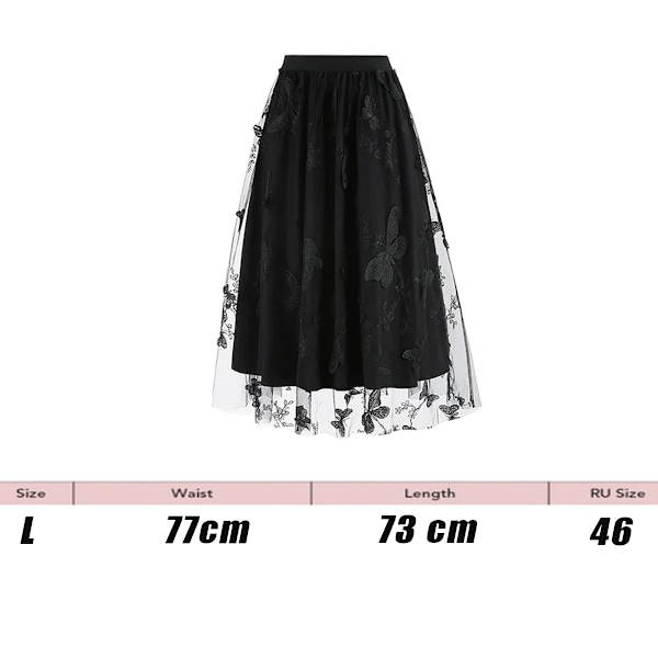 Midikjol, tylltryck, elastisk midja, broderad, svart, L INTL