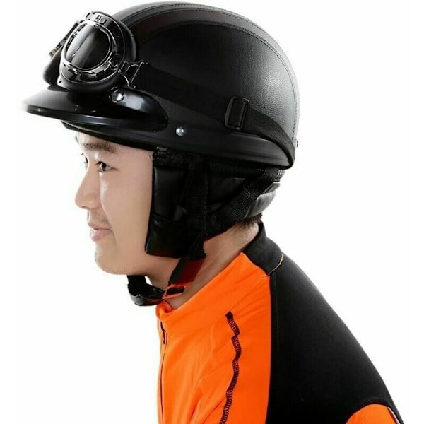 Motorcykel Tysk Läder Halvhjälm, Högkvalitativt ABS-material med Fukttransporterande Foder, Retro Open-Face Design för Män Kvinnor, Lämplig
