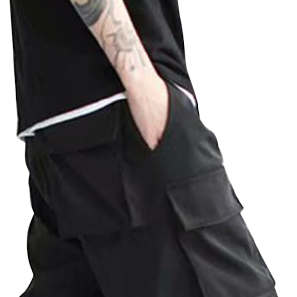 Herr Sommarshorts Multipla Fickor Dragsko Knälång Lös Passform Trendiga Casual Strandshorts Svart XL