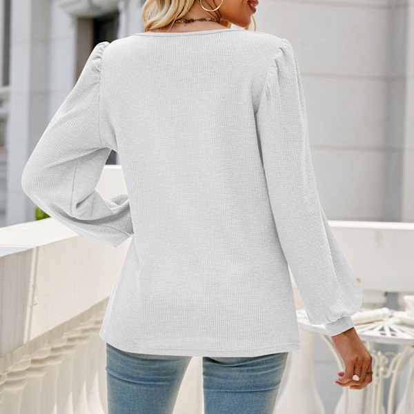 Dam Puffärm T-shirt Lös Enfärgad Tröja Kvinnlig Långärmad Casual Topp Vit XL