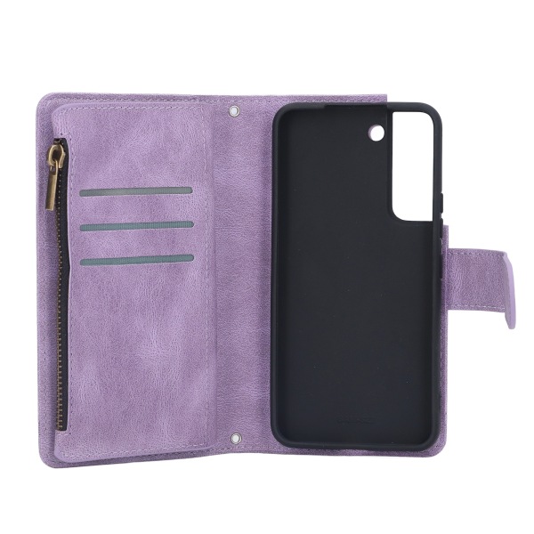 PU Läder Plånboksfodral för Galaxy S22 Dragkedja Flip Folio Plånbok RFID Blockering Skyddande Fodral med handledsrem Magnetlås Inbyggt Stativ