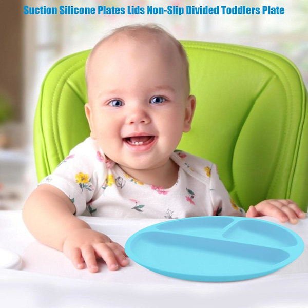 DividedPlateDesign, SilikonBarnstallrikar, Sugproppstallrikar för Småbarn, Barnbestick i Rostfritt Stål, BPA-Fri Matningsset, Halkfri Sugproppsbas,